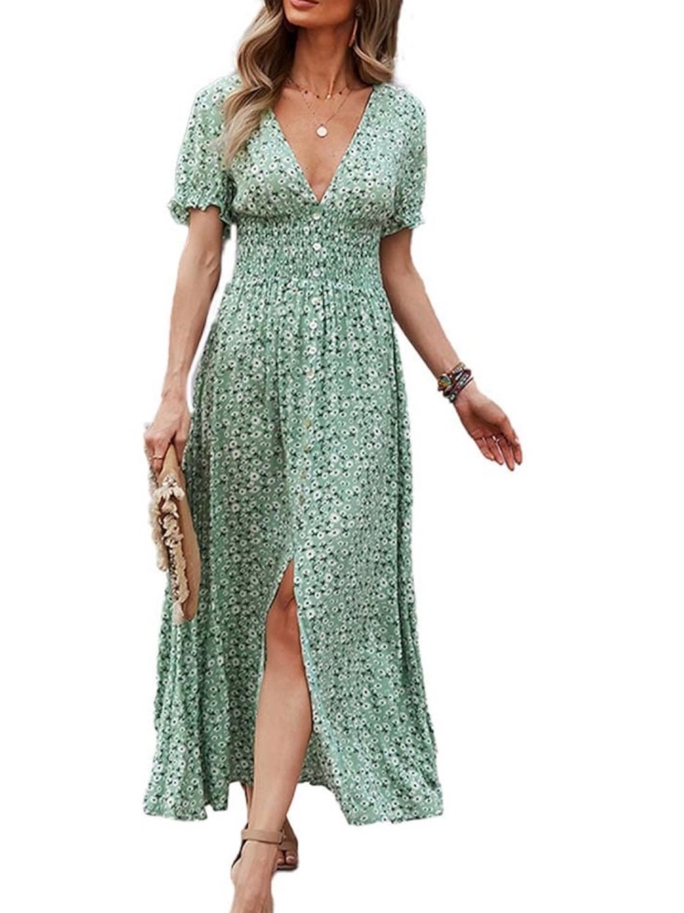 Suzanne Betro Green Floral Maxi Dress with V-Neck